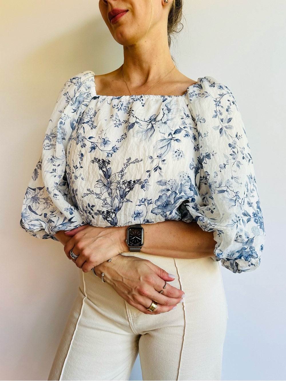 Calypso St. Barth Blue Floral Peasant Linen Blend Puff Sleeve Blouse Top Boho